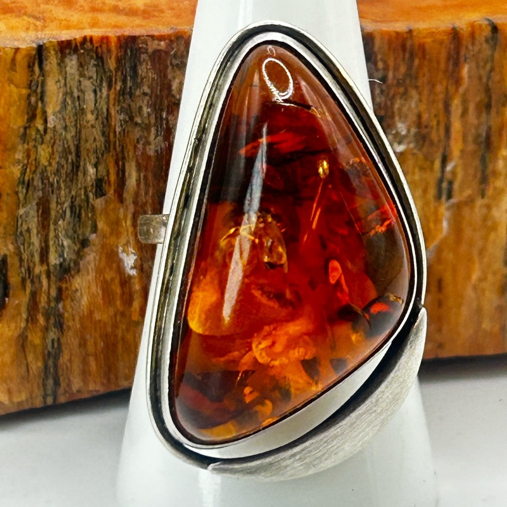 Vintage Sterling Silver Amber Ring - Size 8.5